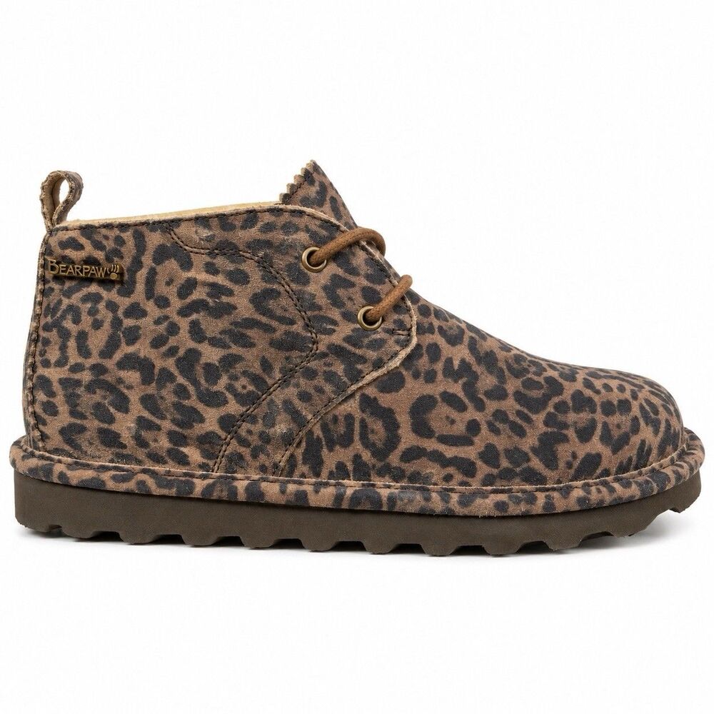 Bearpaw Skye Exotic Womens 9 Leopard Suede Shearling Lace Up Chukka Boots